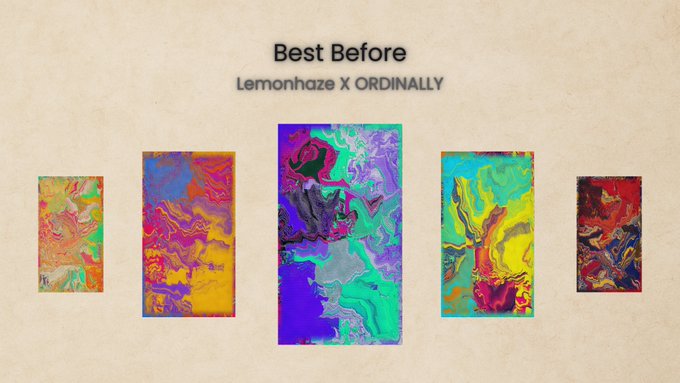 A title card reading "Best Before" by "Lemonhaze X ORDINALLY", displaying five vertical panels of vibrant, abstract fluid art in various colors.