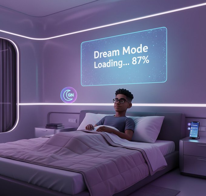 A 3D-rendered illustration of a young man in a futuristic purple bedroom looking at a holographic display reading 'Dream Mode Loading... 87%'.