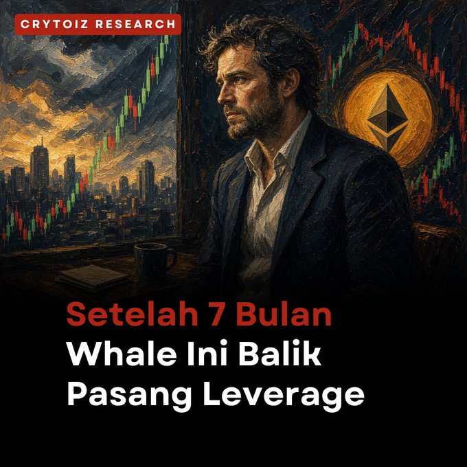 An illustrated image of a man resembling Mark Ruffalo with an Ethereum logo, captioned "CRYTOIZ RESEARCH" and "Setelah 7 Bulan Whale Ini Balik Pasang Leverage."