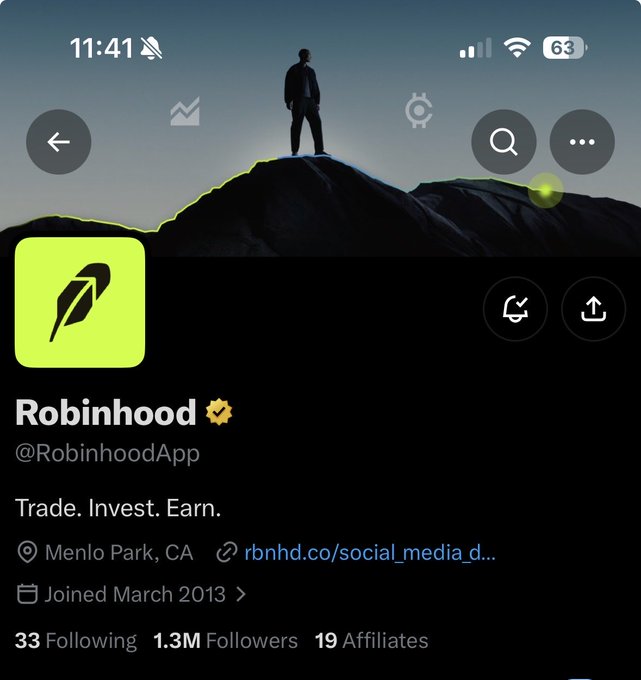 This image shows Robinhood's official X (Twitter) profile page, displaying their lime green feather logo, bio "Trade. Invest. Earn.", location in Menlo Park, CA, and account stats including 33 Following, 1.3M Followers, and 19 Affiliates. The post highlights the curious fact that despite having 1.3 million followers, Robinhood only follows 33 accounts, suggesting this unusually low number could be a cryptic clue related to the $WALLET token's "aa33" contract address.