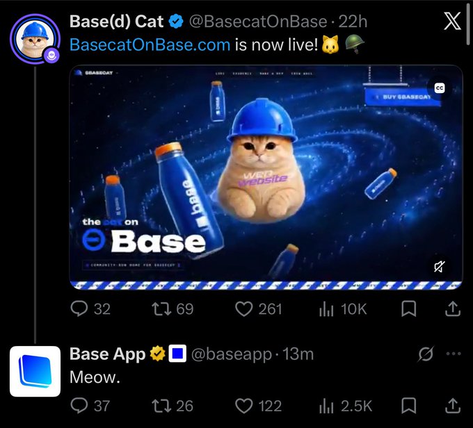 The image shows an X post from verified account "Base(d) Cat" (@BasecatOnBase) announcing "BasecatOnBase.com is now live," featuring a promotional graphic with an orange cat wearing a blue hard hat surrounded by blue Base water bottles in a cosmic spiral design. Below it, the official "Base App" (@baseapp) replies simply with "Meow," which playfully relates to the "be positioned" caption by suggesting the Base app is staking its claim/position in the meme coin space through the on-brand cat response.