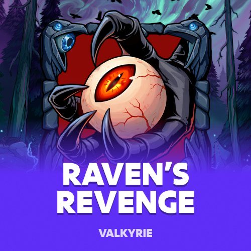 Album cover artwork for 'RAVEN'S REVENGE' by VALKYRIE, featuring a stylized red-eyed eyeball creature with clawed hands against a dark forest background with ravens.