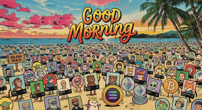 A colorful cartoon illustration titled 'GOOD MORNING' showing a crowded beach scene filled with character avatars and cryptocurrency mascots like Solana, Bitcoin, and Ethereum.