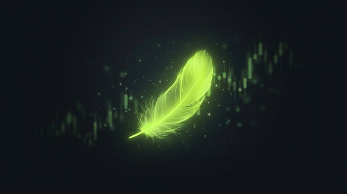 A glowing green feather floats against a dark background, surrounded by small light particles and a subtle digital bar chart pattern.