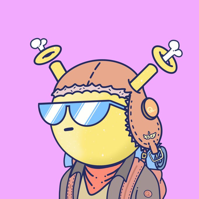 An illustrated cartoon character with a yellow face wearing blue sunglasses, a brown aviator-style helmet with bone accessories, and a leather jacket, set against a pink background.