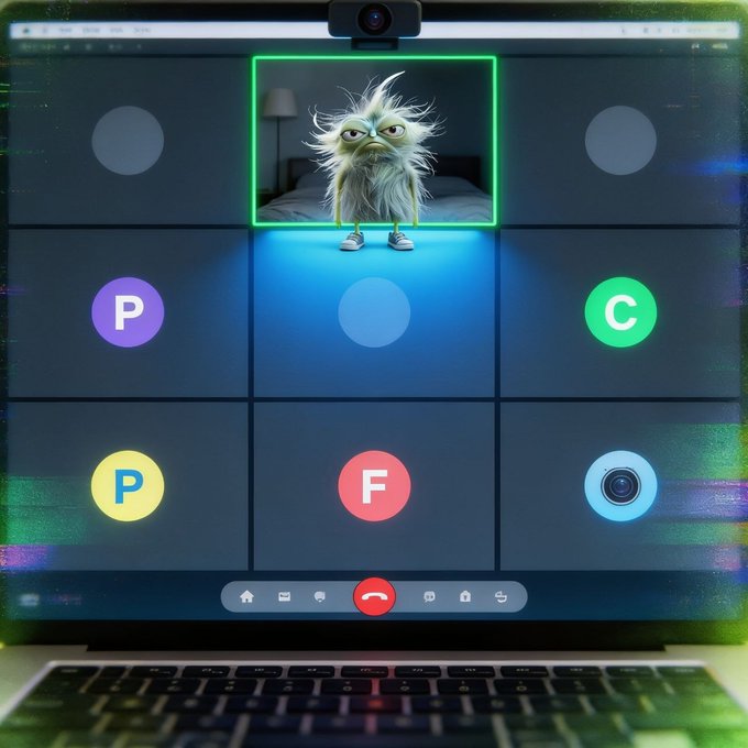 A video call interface on a laptop shows a cartoon furry creature character framed in green, with letter buttons P, C, P, F below and a red end-call button.