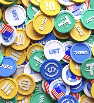 A vibrant assortment of USDC, USDT, BUSD, and USDP stablecoin tokens fills the frame, visually representing the booming digital dollar ecosystem behind Visa's record-breaking $20 billion annualized stablecoin settlement volume—a more than 15x year-over-year surge highlighting surging institutional and consumer adoption of crypto-based payments.