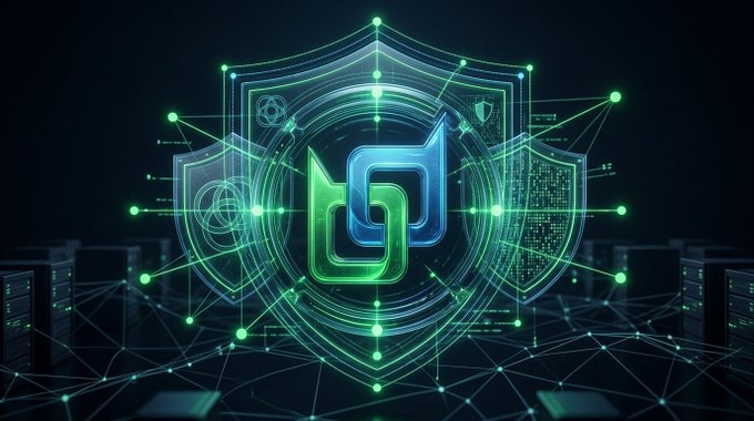 A digital illustration of a glowing blue and green shield emblem with a stylized letter inside, surrounded by network lines and technological elements against a dark background.