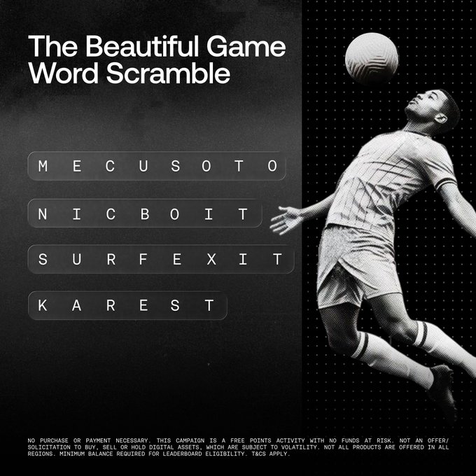 A black-and-white promotional graphic titled "The Beautiful Game Word Scramble" features a soccer player heading a ball alongside four scrambled words to unscramble (MECUSOTO, NICBOIT, SURFEXIT, KAREST), which fans must solve to enter OKX's Weekend Quiz for a chance to win $500 USDT by following @OKX and retweeting with their answer.