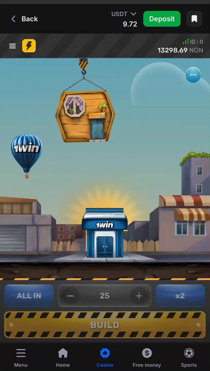 The image shows a mobile game interface with a cartoon-like scene of a city, featuring two hot air balloons floating above buildings. The game appears to be a casino game called "Tower Rush" or "Aviator", as indicated by the text in the image. The main focus is on the gameplay and user experience, rather than the actual mechanics of the game.