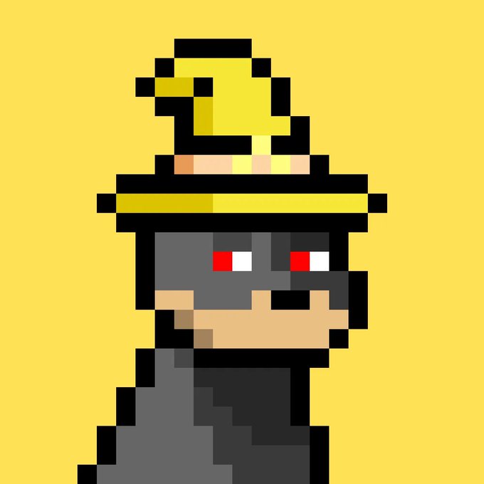 Pixel art character with a yellow cap/helmet, dark mask, and red eyes set against a yellow background.