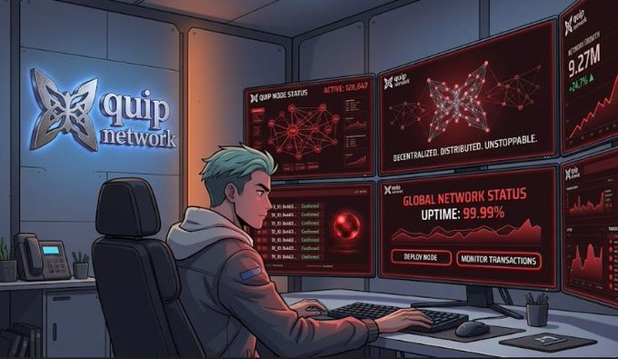 An illustration of a person with blue hair at a multi-monitor setup displaying the 'quip network' logo and dashboards showing 'QUIP NODE STATUS', 'DECENTRALIZED. DISTRIBUTED. UNSTOPPABLE.', 'GLOBAL NETWORK STATUS' with 'UPTIME: 99.99%', and a growth chart showing '9.27M'.