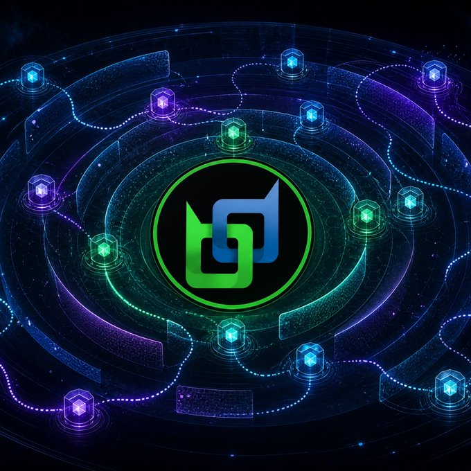 A digital graphic features a green stylized logo in the center surrounded by glowing blue and purple hexagonal nodes connected by dotted lines on a dark background.