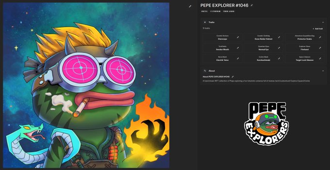 The image features a cartoon frog wearing glasses with red lenses and holding a fire extinguisher. The background shows a space scene, which complements the overall theme of the post. The caption reads "GM Explorers! Today is going to be absolutely wild, with lots of action around @PepeExplorers I have a little surprise prepared to make the reveal even more exciting". This suggests that there might be an upcoming event or surprise related to the post, possibly involving the frog character from the image.