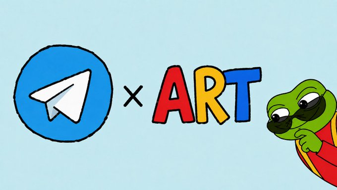 A collaboration logo featuring the blue Telegram paper airplane icon multiplied with the word 'ART' in colorful letters, accompanied by a green frog-like cartoon character on the right.