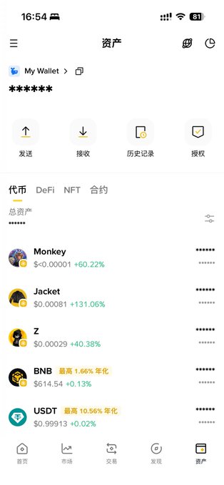 A mobile screenshot of a cryptocurrency wallet app displaying assets including 'Monkey' (+60.22%), 'Jacket' (+131.06%), 'Z' (+40.38%), 'BNB' ($614.54, +0.13%), and 'USDT' ($0.99913, +0.02%).