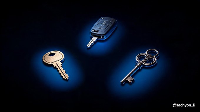 Image by @tachyon.fi showing a car key fob, a brass key, and an ornate skeleton key arranged in a triangle against a dark background with blue spotlights.