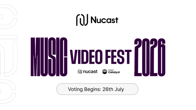 A promotional graphic on a white background reads 'MUSIC VIDEO FEST 2026' in purple text, sponsored by 'Nucast' and 'Project Catalyst', with a note stating 'Voting Begins: 26th July'.