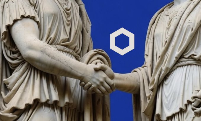 The image shows two classical marble statues clasping hands in a handshake against a blue background featuring the Chainlink (LINK) hexagon logo, symbolizing the platform's role in forging trusted connections and partnerships across blockchain networks. The handshake imagery aligns with Chainlink's branding as a foundational infrastructure layer that enables secure, verifiable transactions and digital agreements.