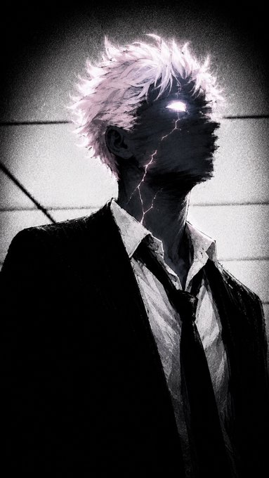 Dark anime-style illustration of a figure in a suit with glowing white eyes and pink/white spiky hair, with lightning-like streaks across their face.