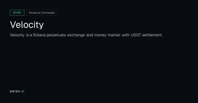 Dark-themed webpage listing Velocity, described as 'a Solana perpetuals exchange and money market with USDT settlement,' under the category Perpetual Exchanges on perps.ai.