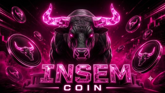 Promotional graphic for '$INSEM COIN' featuring a dark bull with glowing pink crystalline horns surrounded by floating coin tokens.