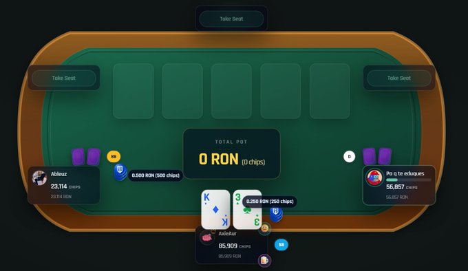 A digital poker game interface showing three players at a table with a total pot of 0 RON and community cards including a King of Diamonds and 3 of Clubs.