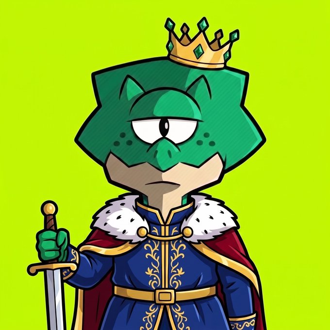 A cartoon illustration of a green, one-eyed "CyclopsEyrix" character wearing a golden crown, royal blue robes with gold embroidery, a crimson cloak, and wielding a sword. It directly ties into the promotional post by personifying the "#CyclopsEyrix" branding used for the giveaway campaign offering 20× guaranteed whitelist spots.