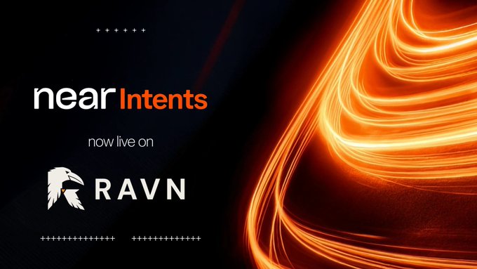 A promotional graphic with 'near Intents now live on RAVN' text on the left, paired with an image of glowing orange light trails on a dark background.