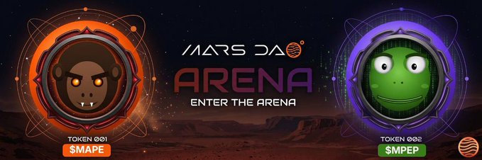 The image features two cartoon characters, one brown and one green, sitting next to each other with a banner that says "MDAO Battle Arena" above them. The text below the characters reads "Focus on what is in the image and how it relates to the post". This suggests that there might be some sort of advertisement or promotional content related to the MDAO Battle Arena platform, possibly discussing its features or benefits for users who are interested in trying out DeFi trading experiences.