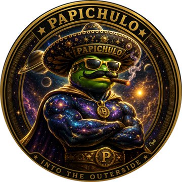 A circular gold-trimmed emblem features an anthropomorphic frog in a sombrero, sunglasses, and gold chains smoking a cigar against a cosmic background, labeled 'PAPICHULO' and 'INTO THE OUTERSIDE'.