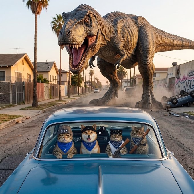 A massive T-Rex towers over a suburban street as four tough-looking cats, each wearing "BTX" bandanas and wielding weapons, ride in a blue car ready to take it on. The image humorously brings the "bear exterminator" post to life, with the cats (one of which resembles a Shiba Inu) geared up for a dino showdown.