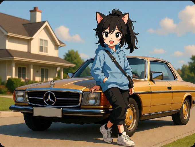 The image features a girl posing with her hands on a car, wearing a blue hoodie and white shoes. She has long hair and is smiling for the camera. The background of the image shows a house, indicating that they are likely at home or in an urban setting. The caption to the image reads "Good morning frens While others chase hype River keeps building