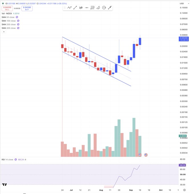 A TradingView candlestick chart for ticker 'HD' showing price action from June through October with a descending channel pattern (blue trendlines), SMA indicators, RSI 14 at 66.24, and volume bars, with the current price at 0.04250 USD.