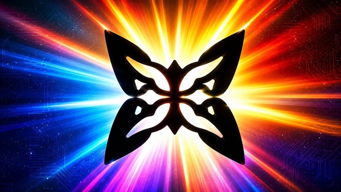 A symmetrical butterfly emblem in black silhouette centered against a vibrant burst of radiating orange, red, blue, and purple light streaks.