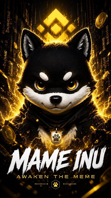 A fierce black Shiba Inu with glowing golden eyes is depicted against a fiery background featuring the Binance logo and scattered BNB coins, with bold text reading "MAME INU - AWAKEN THE MEME" and a paw-print pendant on its collar. The image visually reinforces the post's claim of $MAME being "The Dog of the BNB Chain" through its prominent use of Binance branding and golden, flame-like aesthetic.