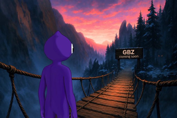 A purple animated figure stands on a wooden rope bridge at sunset, gazing toward a sign that reads "GBZ - coming soon." The image visually reinforces the post's hype about Goobze (@Goobze), a 700-supply handcrafted animated NFT collection on Ethereum, with the "coming soon" sign and the contemplative character emphasizing the project's anticipation and unique animated aesthetic.