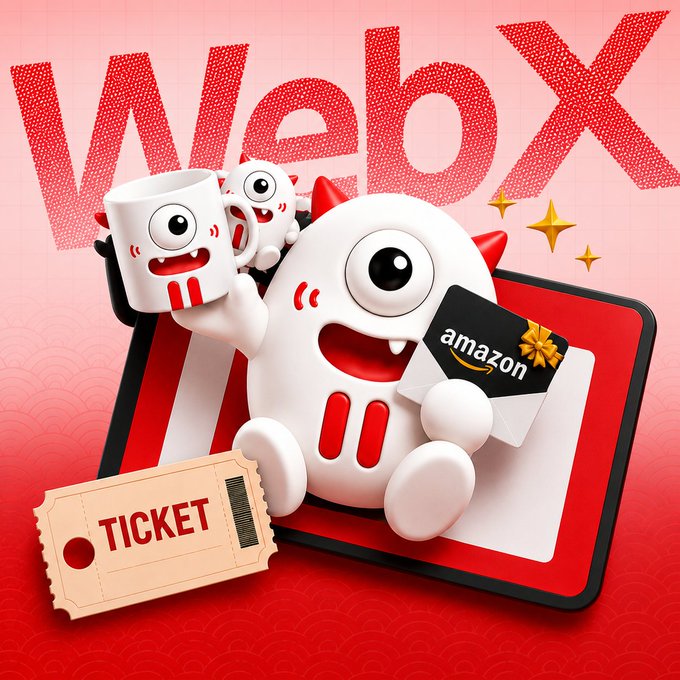 A vibrant promotional graphic featuring the cartoon "TRONBull" mascot holding an Amazon gift card, alongside another small mascot holding a coffee mug, with "WebX" displayed prominently in red halftone-style text above and a "TICKET" at the bottom, all set against a red Japanese-patterned background. The image visually promotes TRON's platinum sponsorship of WebX 2026 and announces the new TRONBull mascot in connection with an Amazon gift card giveaway campaign.