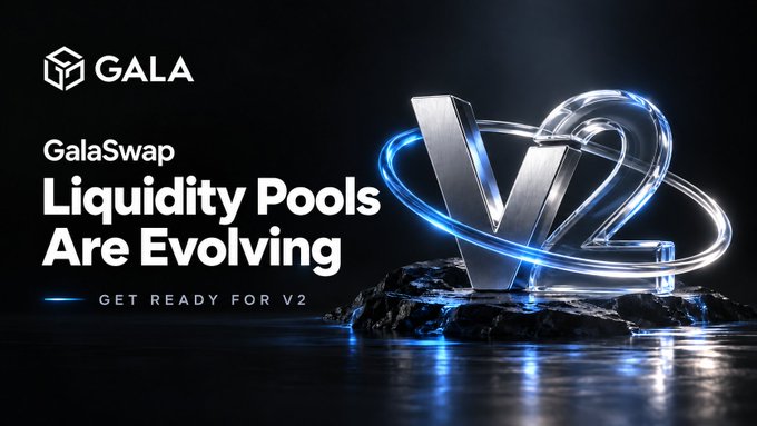 A promotional graphic for GalaSwap featuring the GALA logo alongside a sleek, glowing "V2" rendered in metallic chrome with blue neon rings, resting on a dark rocky surface. Bold white text announces "GalaSwap Liquidity Pools Are Evolving" with a tagline "GET READY FOR V2," visually teasing the platform's upcoming upgrade.