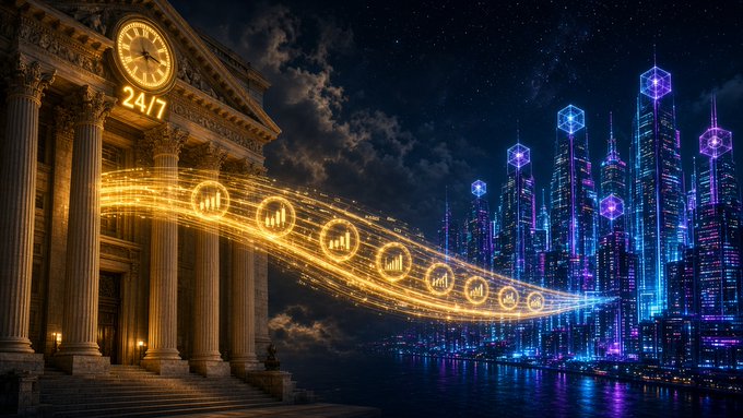 A digital art composite showing a classical bank building with columns and a clock marked '24/7' on the left, connected by a glowing golden stream of financial icons to a futuristic neon-lit cyberpunk cityscape on the right.