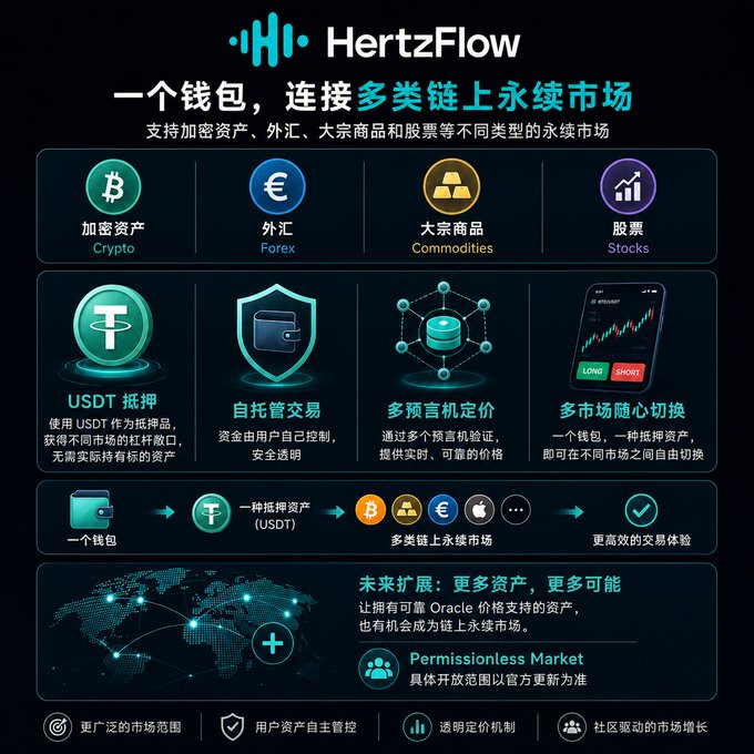 An infographic for 'HertzFlow' describing a single wallet connecting to perpetual markets across multiple chains, featuring icons for Crypto (USDT), Forex, Commodities, and Stocks, with features like USDT collateral, self-custody, and multi-oracle pricing.