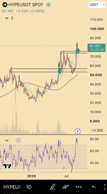 A TradingView chart showing HYPE/USDT spot at 81.487 (+0.69%) displays a recent breakout above the prior all-time high resistance around 70, with an RSI indicator below flagging a potential bearish divergence just as price pushes into new highs—mirroring the classic topping pattern the poster alludes to.