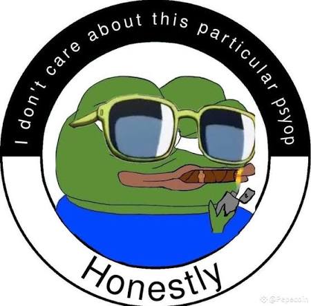 The image features the "Honestly" or "Smug Pepe" meme—a green frog wearing sunglasses and smoking a cigar—with the text "I don't care about this particular psyop" wrapped around the top of a circular frame. The caption "Honestly" appears at the bottom, which together with the post's reference to "$PEPE" conveys a smug, dismissive attitude toward crypto market manipulation narratives.