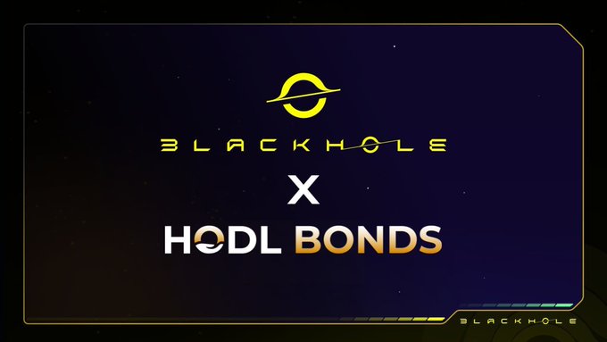 The image features a poster for a cryptocurrency called @HODLBonds. The poster has a dark blue background with yellow text that reads "Blackhole x HODLBonds" at the top, followed by "Focus on what is in the image and how it relates to the post". Below this, there are three different assets listed: Bitcoin, Ethereum, and Avax. These assets can be used to customize bonds for users who want to invest in cryptocurrency.