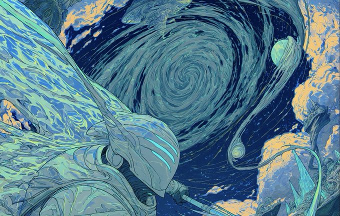 A sci-fi artwork showing an astronaut in a spacesuit observing a swirling cosmic vortex or black hole in space, with stylized turquoise and orange clouds.