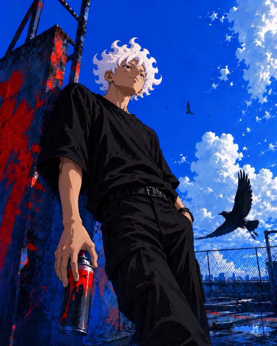 An anime-style illustration of a white-haired character in black clothing holding a spray paint can, standing against a vivid blue sky with flying crows and a graffiti-covered wall.