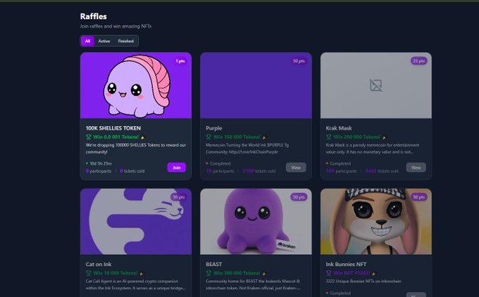 The image shows a "Raffles" portal with various NFT raffles, including a prominent listing for "100K SHELLIES TOKEN" offering winners 0.001 tokens each, with 10d 5h 25m remaining, 104 participants, and a 1-point entry ticket. The post promotes this specific Shellies Token raffle visible in the top-left of the grid, highlighting the low entry cost and the chance to win from a community prize pool.