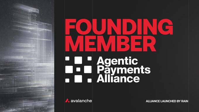The image is a promotional graphic on a dark background, featuring the bold red text "FOUNDING MEMBER" alongside the "Agentic Payments Alliance" logo, which is depicted as a grid of squares. The Avalanche logo appears at the bottom with the note "ALLIANCE LAUNCHED BY RAIN," visually reinforcing Avalanche's role as a founding member of the coalition led by Rain to establish standards for agent-driven commerce.