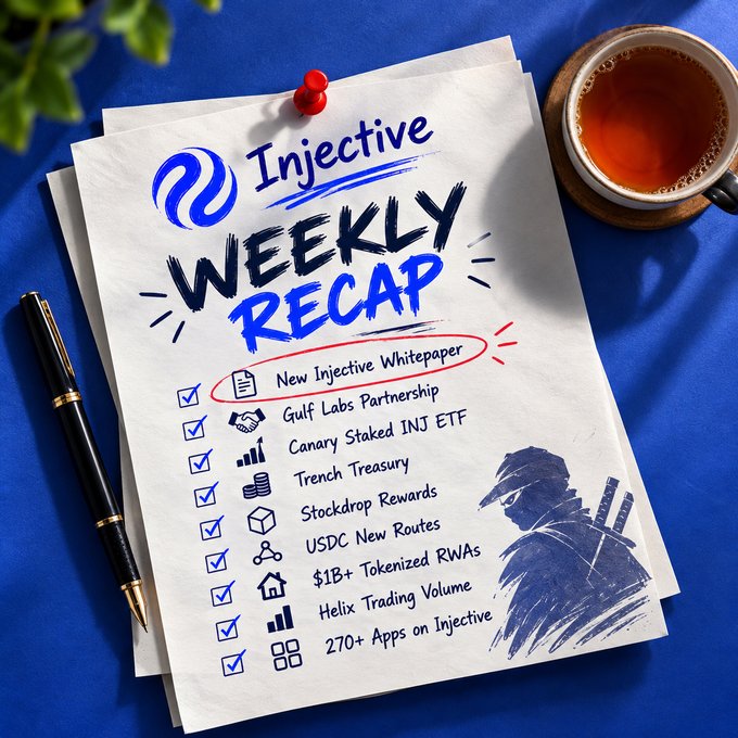 A 'Weekly Recap' infographic on paper for Injective featuring a checklist of items including 'New Injective Whitepaper', 'Gulf Labs Partnership', 'Canary Staked INJ ETF', and '270+ Apps on Injective'.
