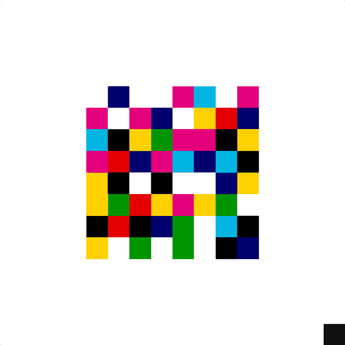 A pixelated character composed of colorful squares (pink, blue, yellow, green, black, red, and white) resembling a Space Invader on a white background.